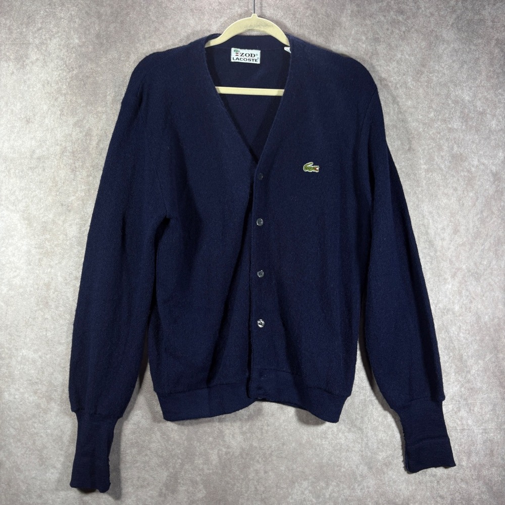 Vintage Izod Lacoste Cardigan Mens Size Medium Navy Blue V-Neck Knit Preppy 80s